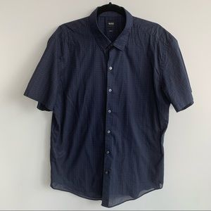 Hugo Boss navy blue short sleeve button-up shirt